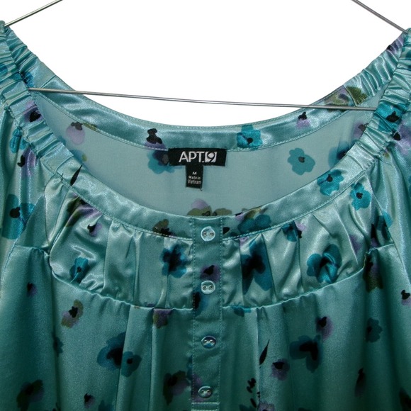 Apt 9 Womens Teal Floral Satin Blouse Short Flutter Sleeve Scoop Neck Medium - Picture 2 of 3